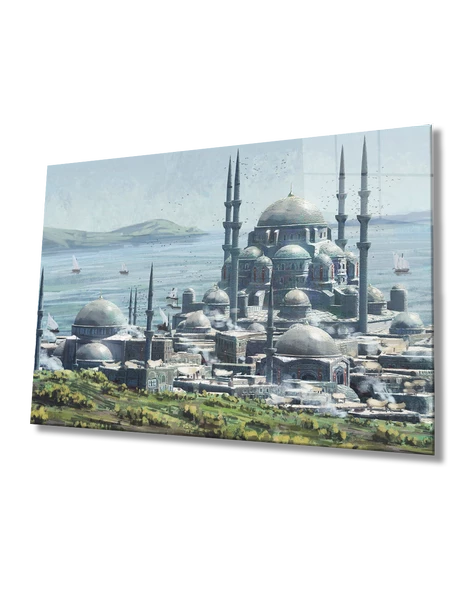 Sulu Boya İstanbul Camii Dekoratif ve Modern Cam Tablo