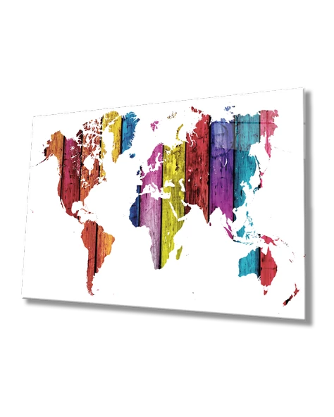 Tahta Dünya Haritası  Dekoratif ve Modern Cam Tablo