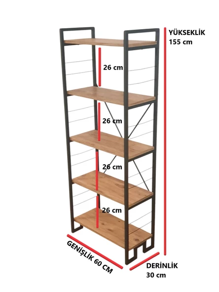 DEKORATİF AHŞAP RAFLI METAL KİTAPLIK ÇOK AMAÇLI 5 RAFLI DOLAP MATKAPSIZ KOLAY KURULUM - 5