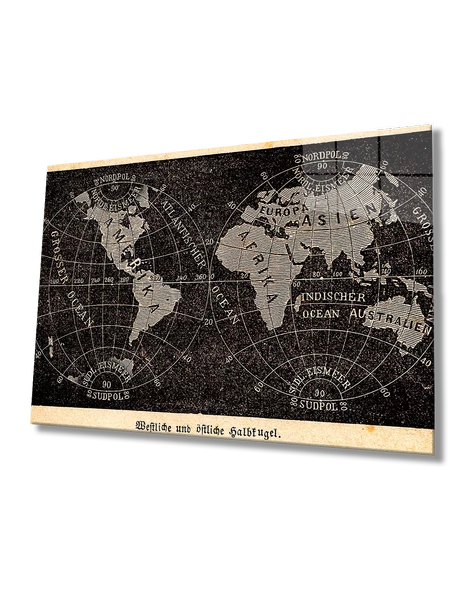 Eski Siyah Beyaz Eski Dünya Haritası  Dekoratif ve Modern Cam Tablo ürün görseli