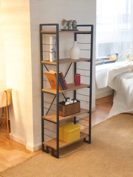 DEKORATİF AHŞAP RAFLI METAL KİTAPLIK ÇOK AMAÇLI 5 RAFLI DOLAP MATKAPSIZ KOLAY KURULUM - 7