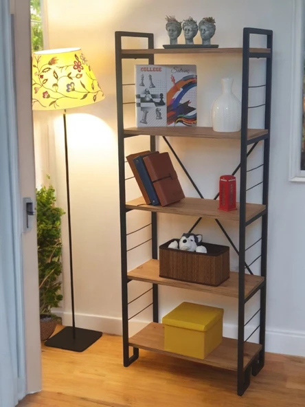 DEKORATİF AHŞAP RAFLI METAL KİTAPLIK ÇOK AMAÇLI 5 RAFLI DOLAP MATKAPSIZ KOLAY KURULUM - 6