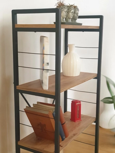 DEKORATİF AHŞAP RAFLI METAL KİTAPLIK ÇOK AMAÇLI 5 RAFLI DOLAP MATKAPSIZ KOLAY KURULUM - 4