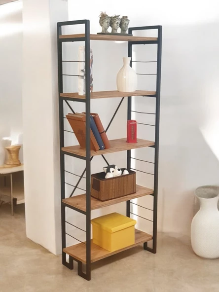 DEKORATİF AHŞAP RAFLI METAL KİTAPLIK ÇOK AMAÇLI 5 RAFLI DOLAP MATKAPSIZ KOLAY KURULUM - 3