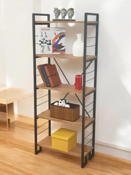 DEKORATİF AHŞAP RAFLI METAL KİTAPLIK ÇOK AMAÇLI 5 RAFLI DOLAP MATKAPSIZ KOLAY KURULUM - 2