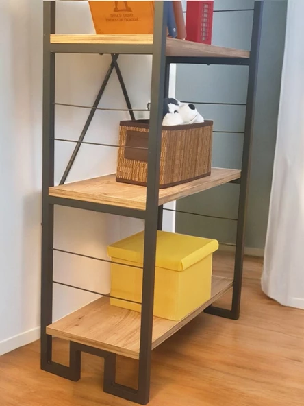 DEKORATİF AHŞAP RAFLI METAL KİTAPLIK ÇOK AMAÇLI 5 RAFLI DOLAP MATKAPSIZ KOLAY KURULUM - 8