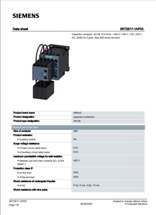 Siemens 3RT2617-1AP03 12,5 Kvar Kompanzasyon Kontaktörü - 3