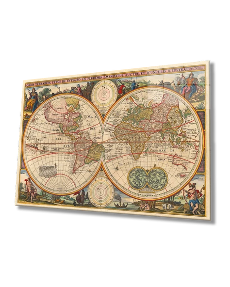 Eski Dünya Haritası  Dekoratif ve Modern Cam Tablo