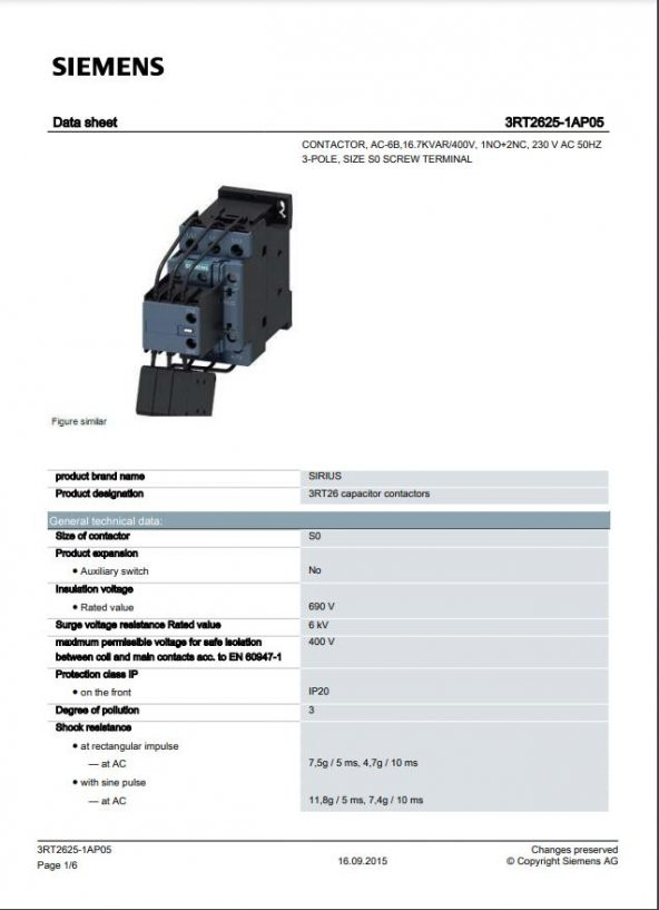 Siemens 3RT2625-1AP05 16,5 Kvar Kompanzasyon Kontaktörü - Resim 2