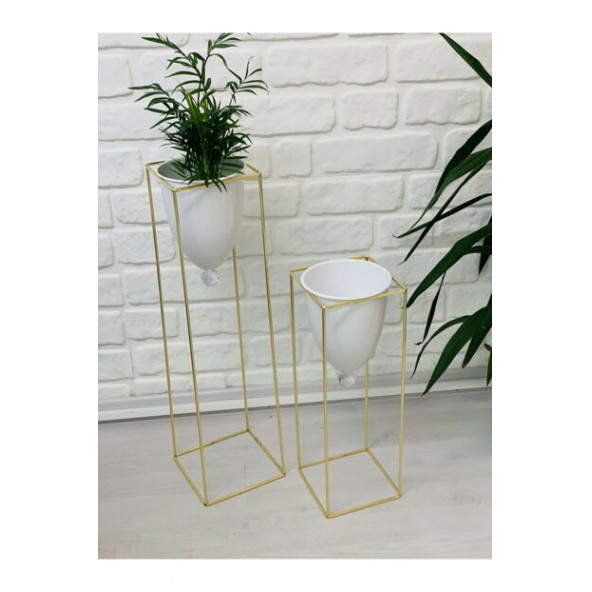 Beyaz Gold Metal Saksı 2'li - 1