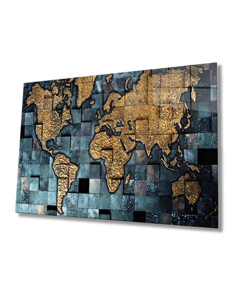 Altın  Dünya Haritası  Dekoratif ve Modern Cam Tablo ürün görseli