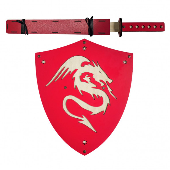 Ahşap Japon Samuray-Ninja Kalkanı ve Katana Kılıcı, Kırmızı