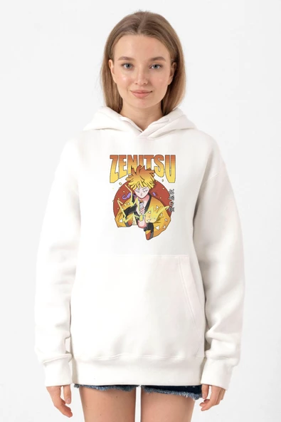 Demon Slayer Anime Zenitsu Poster Beyaz Kadın 3ip Kapşonlu Sweatshirt - 1