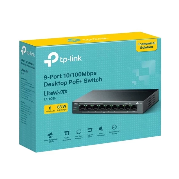 ONTECH - Tp-lınk Ls109p 8 Port 10/100 +1 Port Rj45 Uplınk 63w 250 Metre Poe Mesafe Metal Kasa Swıtch