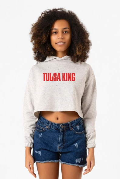 Tulsa King Lettern Beyaz Kırçıllı Kadın Crop Kapşonlu