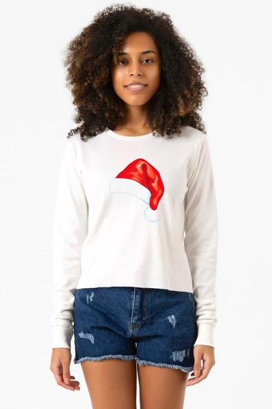 Watercolor Christmas Hat Ekru Ekstra Uzunkol Sweatshirt ürün görseli