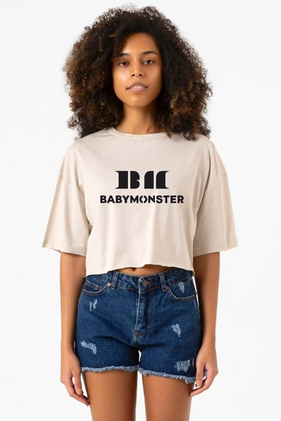 Babymonster Logo Bej Kadın Crop Tshirt