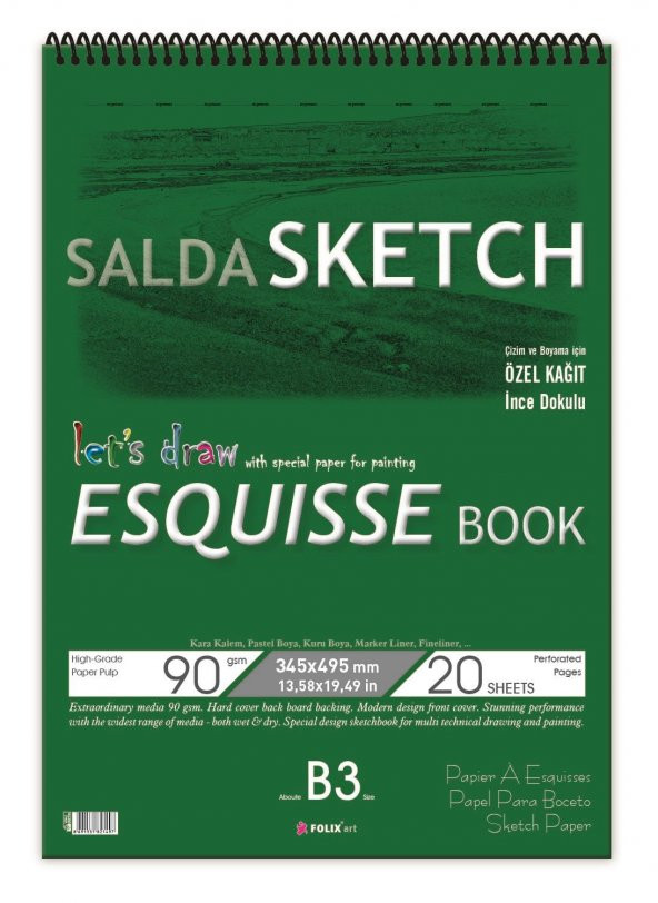 Sketchbook Salda B3 Spiralli 90 gr. 34,5x49,5 cm 20 yp. Eskiz Defteri