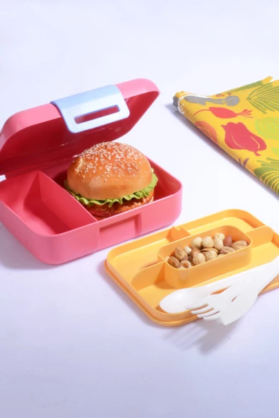 2'li Kendinden Kaşıklı 5 Bölmeli 2 Katlı Beslenme Kutusu Pembe-Mavi - 4