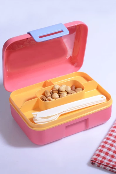 2'li Kendinden Kaşıklı 5 Bölmeli 2 Katlı Beslenme Kutusu Pembe-Mavi - 3