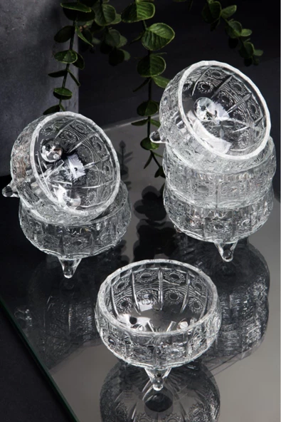 6'lı Ayaklı Kristal Cam Lüks Çerezlik / Lokumluk/ Reçellik (8X8X5 Cm) - 2