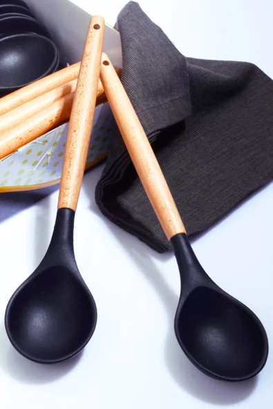 Bambu Saplı Silikon Kaşık Siyah 2 Adet - 1