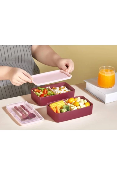 Mega Boy 2 Katlı Yemek Saklama Kabı 2 Litre - Kendinden Çatal Kaşık Servisli Lunch Box Set - 2