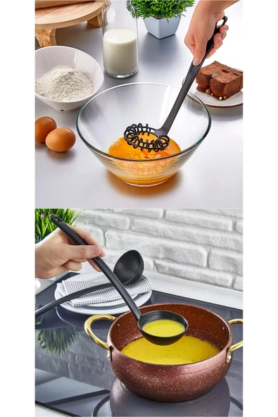 7 Parça Yanmaz Yapışmaz Teflon Kaplama Servis Seti Kepçe Kevgir Spatula Kaşık Plastik Servis Takımı - 3