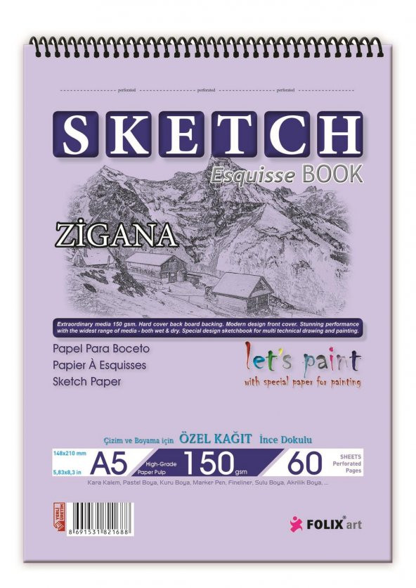 Sketchbook Zigana A5 Spiralli 150 gr. 60 yaprak Eskiz Defteri