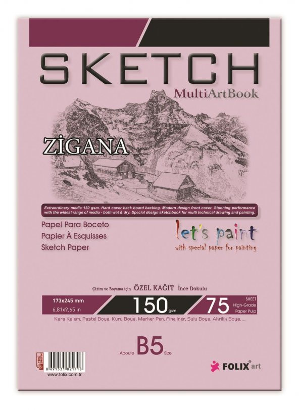 Sketchbook Zigana B5 Tutkallı 150 gr. Beyaz 17,3x24,5 cm 75 yaprak