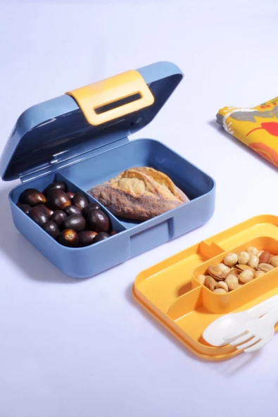 2'li Kendinden Kaşıklı 5 Bölmeli 2 Katlı Beslenme Kutusu Pembe-Mavi - 2