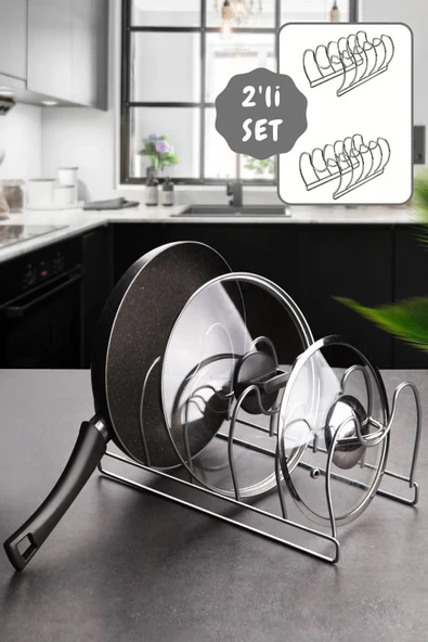 2'li Tava Ve Tencere Kapağı Düzenleyici Mutfak Dolap Ve Çekmece Organizeri 5 Bölmeli Mat Metal