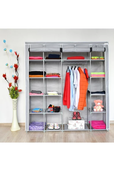 DZGN HOME Stark Xtra Çift Yandan Raflı Çelik Profilli Bez Dolap Gri
