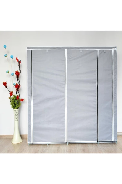 DZGN HOME Stark Xtra Çift Yandan Raflı Çelik Profilli Bez Dolap Gri - Resim 2