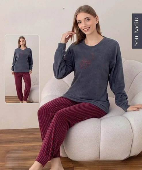 Boyraz Kadın Kışlık Bisiklet Yaka Soft Kadife Pijama Takımı 07037 - 1 Adet  S - M Füme - 2