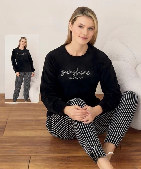 Boyraz Kadın Kışlık Bisiklet Yaka Soft Kadife Pijama Takımı 07041 - 1 Adet  Siyah L