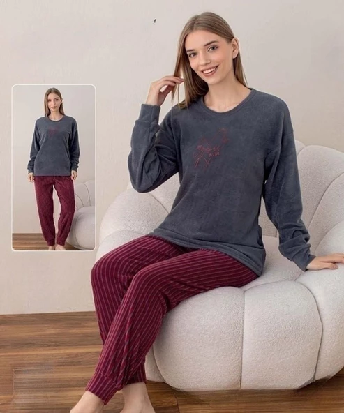 Boyraz Kadın Kışlık Bisiklet Yaka Soft Kadife Pijama Takımı 07037 - 1 Adet  2XL Füme