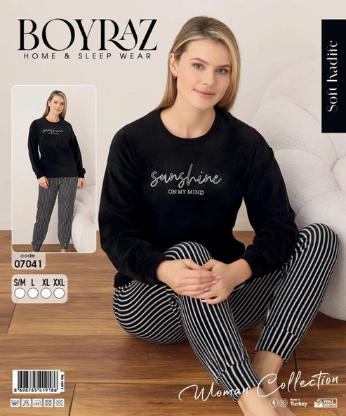 Boyraz Kadın Kışlık Bisiklet Yaka Soft Kadife Pijama Takımı 07041 - 1 Adet  Siyah L - Resim 3