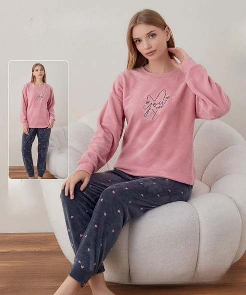 Boyraz Kadın Kışlık Bisiklet Yaka Soft Kadife Pijama Takımı 07035 - 1 Adet  S - M Pembe