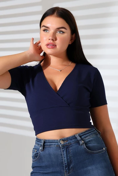 Kadın Kruvaze Yaka Crop Bluz - Resim 10