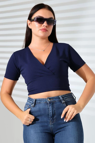 Kadın Kruvaze Yaka Crop Bluz - Resim 11