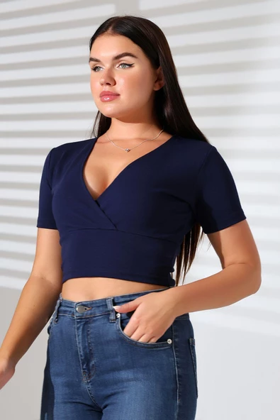 Kadın Kruvaze Yaka Crop Bluz - Resim 7