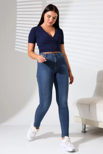 Kadın Kruvaze Yaka Crop Bluz - Resim 3