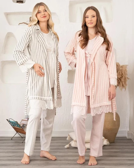 BirolGaye 5908 Hamile Lohusa Kadife Sabahlıklı 3 Lü Pijama Sabahlık Tk - 3