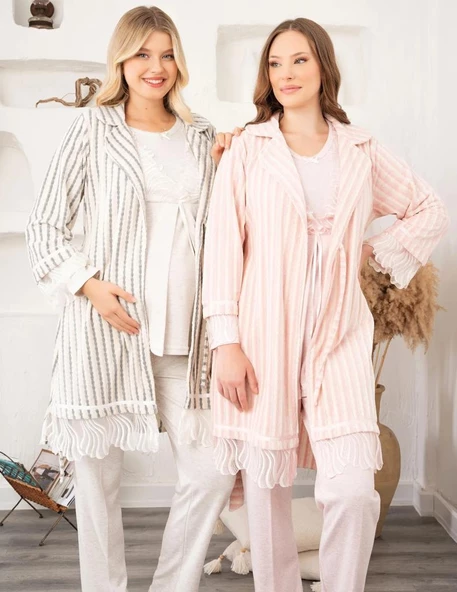 BirolGaye 5908 Hamile Lohusa Kadife Sabahlıklı 3 Lü Pijama Sabahlık Tk - 5