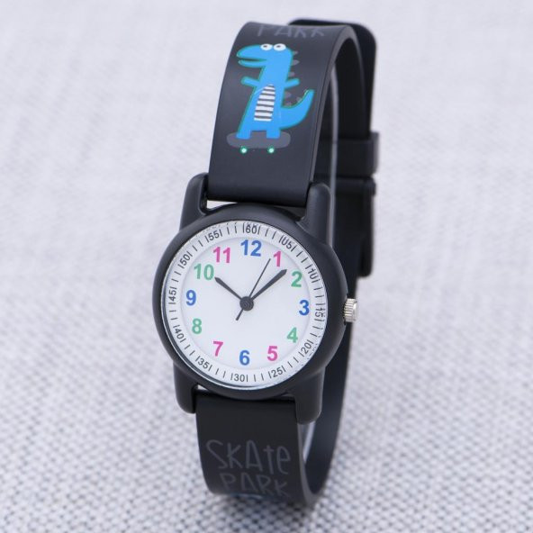 Siyah Renk Silikon Kordonlu Dinazor Tasarımlı Çocuk Saati