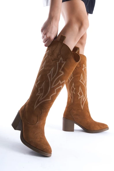 Cazal Taba Süet Topuklu Çizme Nakışlı Western Çizme - 3