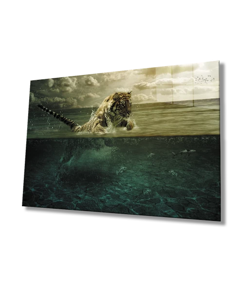 Denizde Kaplan Hayvan Dekoratif ve Modern Cam Tablo ürün görseli
