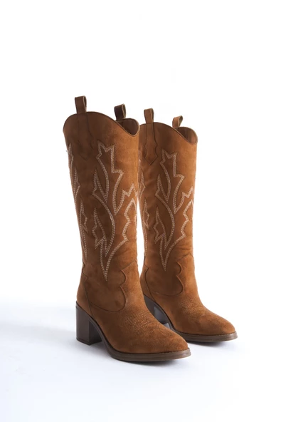 Cazal Taba Süet Topuklu Çizme Nakışlı Western Çizme - 2