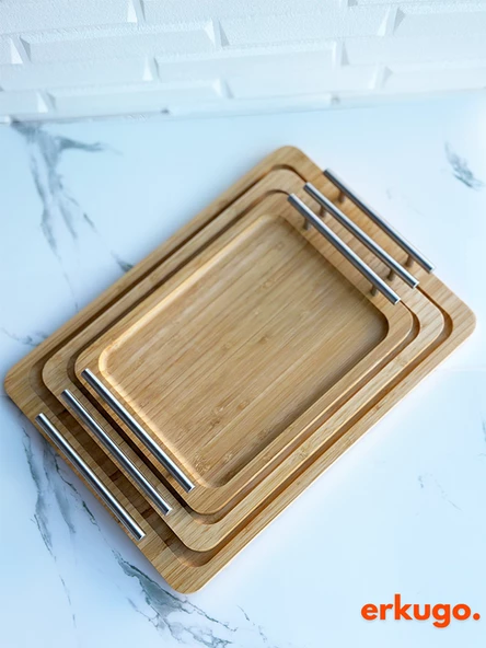 Orta Boy Bambu Tepsi, Metal Kulplu Tepsi, Kulplu Tepsi, Servis Tepsisi (33 x 24 cm) - 3